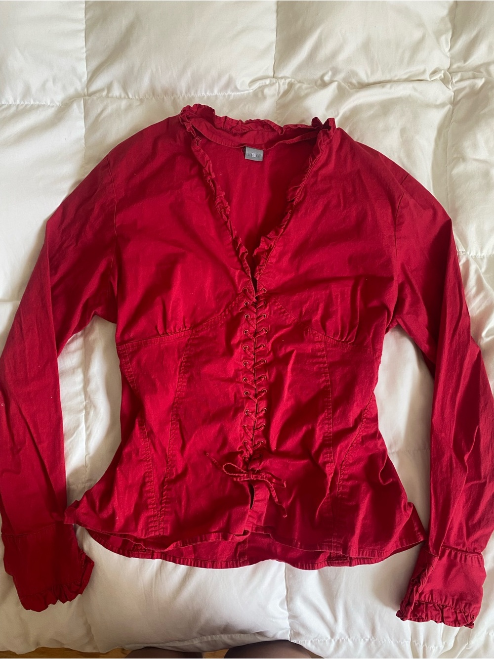 Women's Red Lace-Up Ruffle Front Top